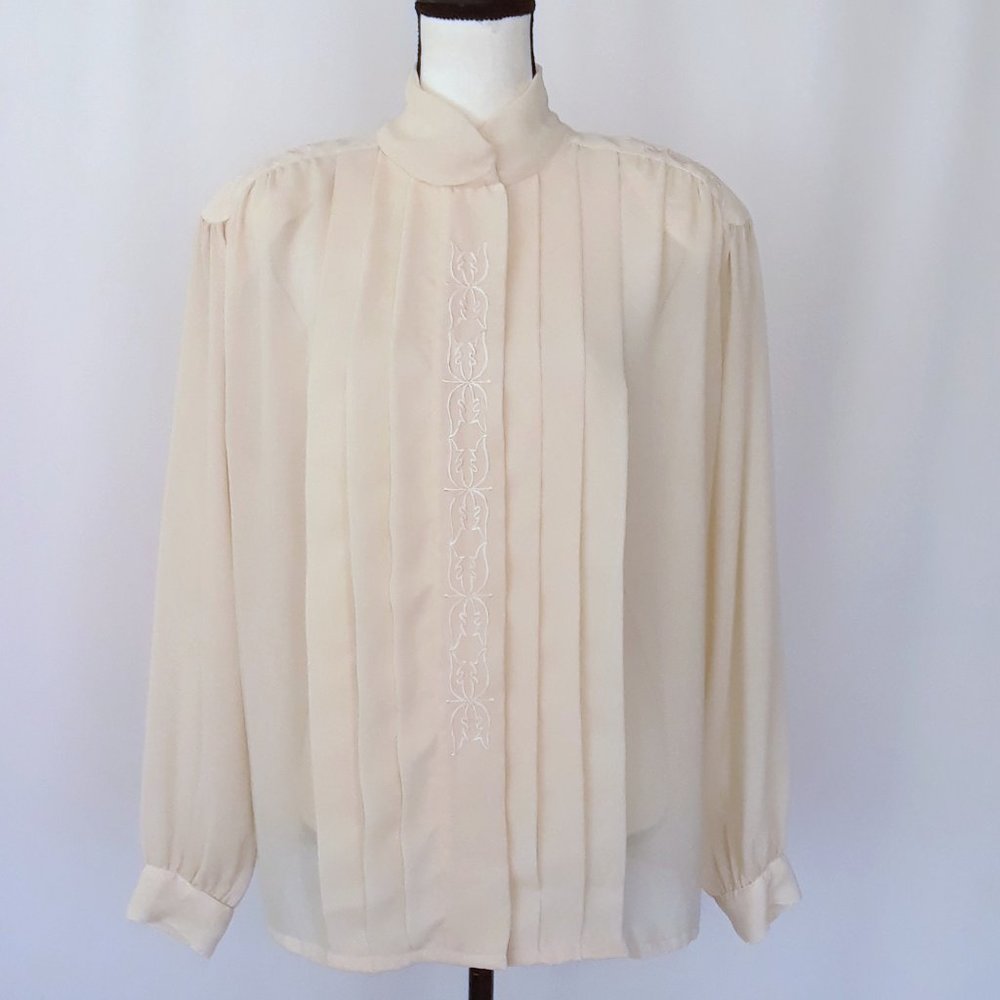 Vintage 1980s Sheer Pleated Embroidered Cream Blouse